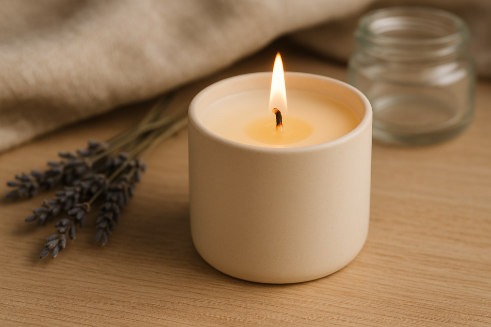 Bougie naturelle non toxique artisanale en cire végétale sur fond apaisant